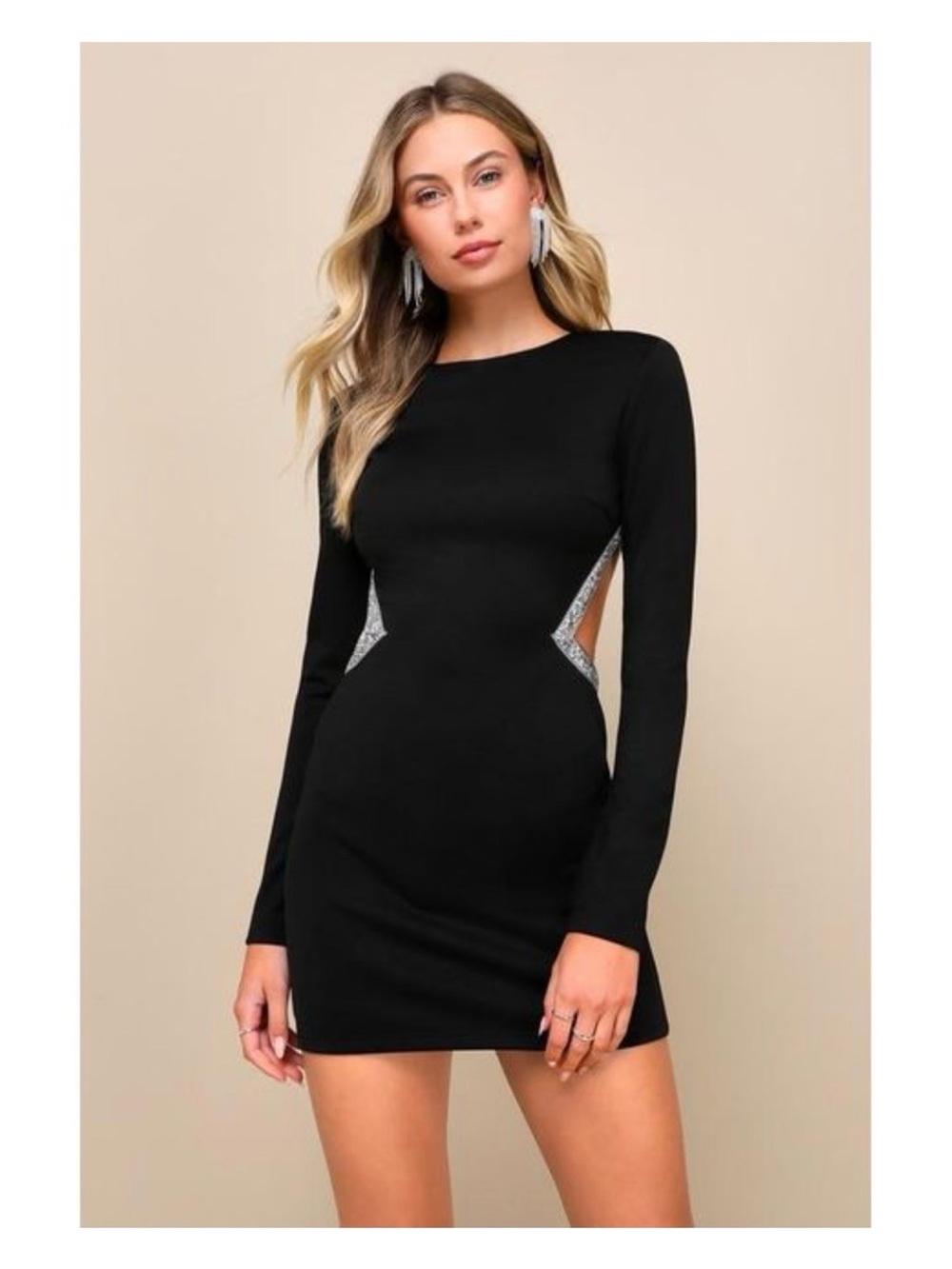 Lulus Sparkling Stunner Black Rhinestone Cutout Long Sleeve Mini Dress Large